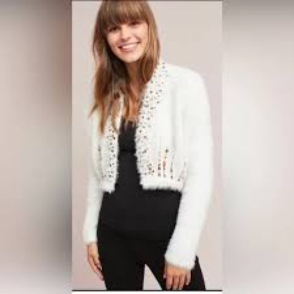 Anthropologie Sweater Cardigan Sequins Cream Gold Knitted and Knotted small
